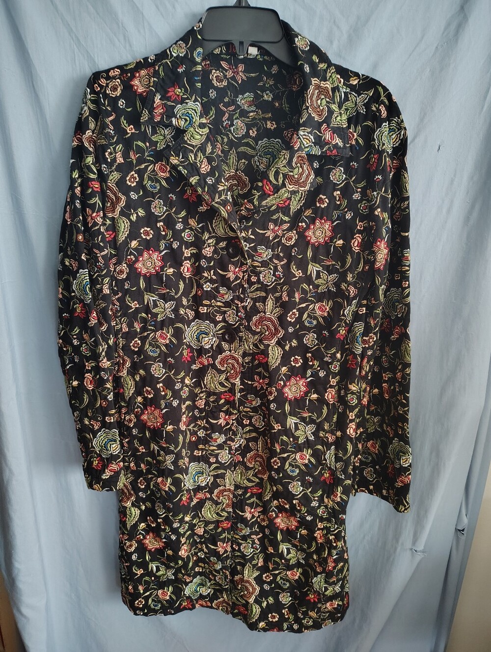 Johnny Was Womens M Embroidered Floral Long Jacket Black Button Front Boho